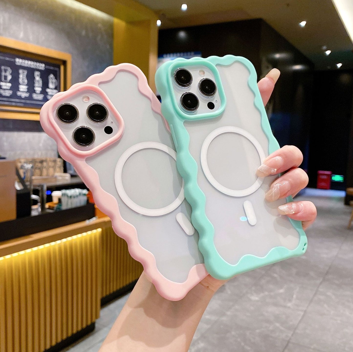 Candy Color Curly Wavy Frame Clear Magnetic Case for iPhone, Compatible with MagSafe Wireless Charging
