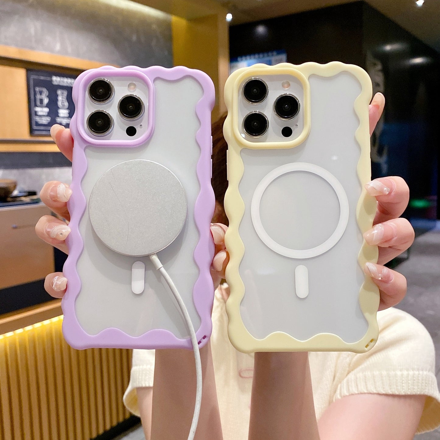 Candy Color Curly Wavy Frame Clear Magnetic Case for iPhone, Compatible with MagSafe Wireless Charging