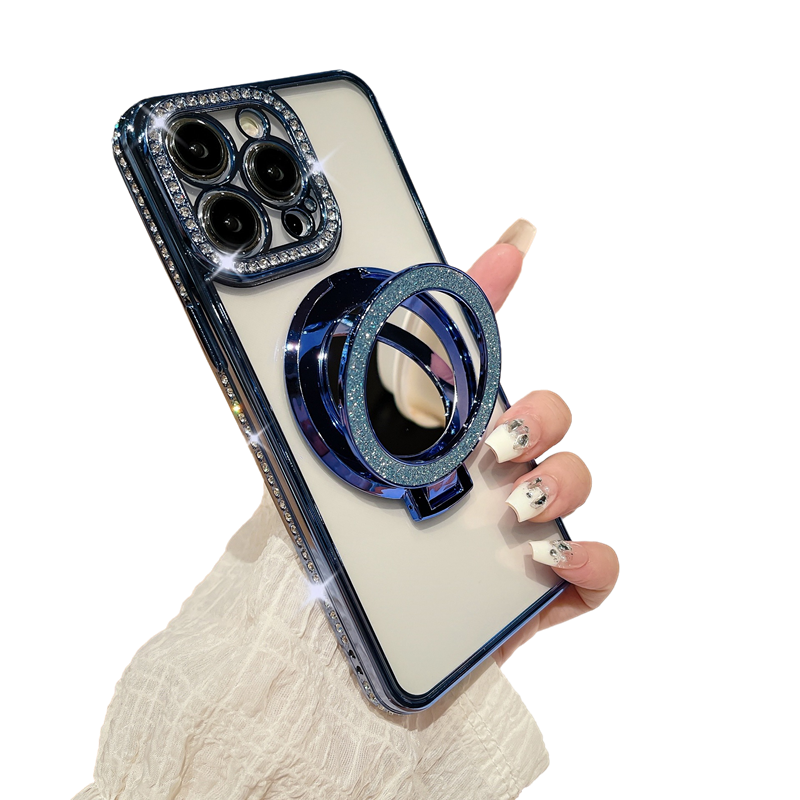 Glitter Bling Diamond Camera Frame Mirror with Stand Holder Magnetic Case for iPhone, Compatible with MagSafe Wireless Charging