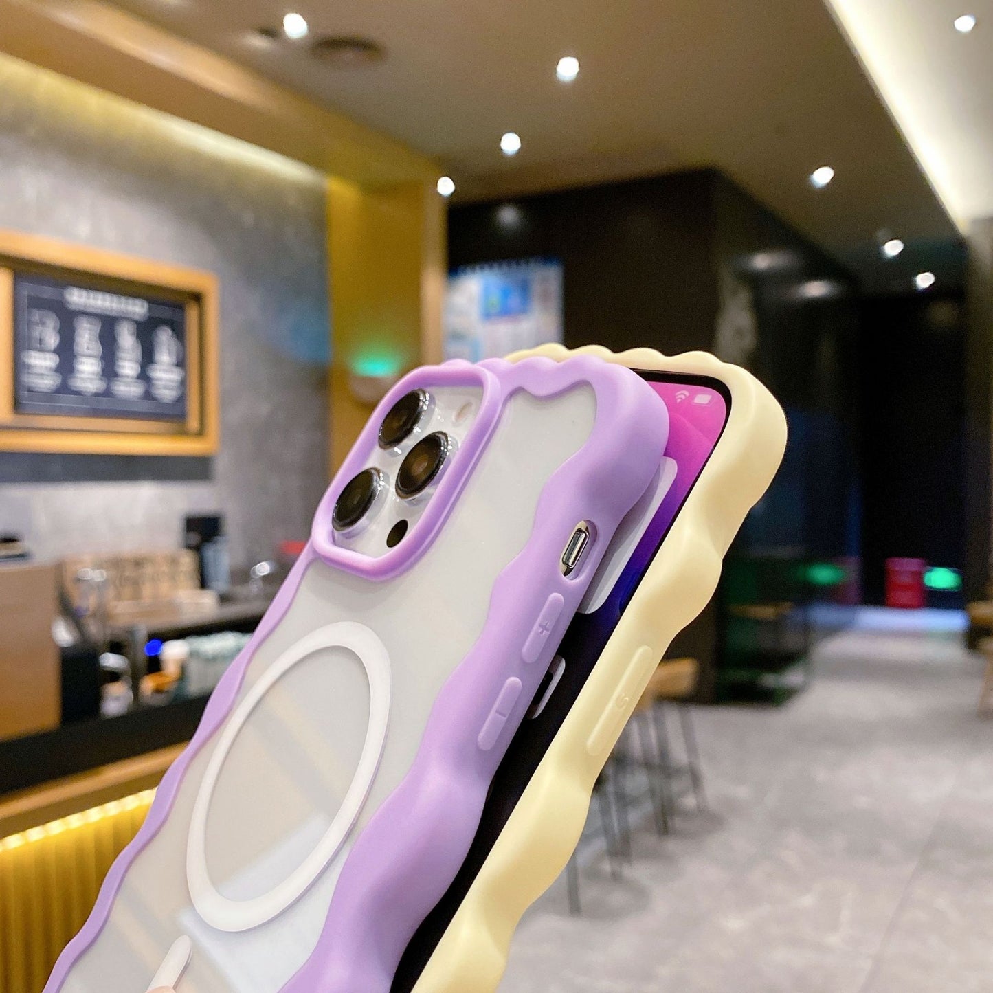 Candy Color Curly Wavy Frame Clear Magnetic Case for iPhone, Compatible with MagSafe Wireless Charging