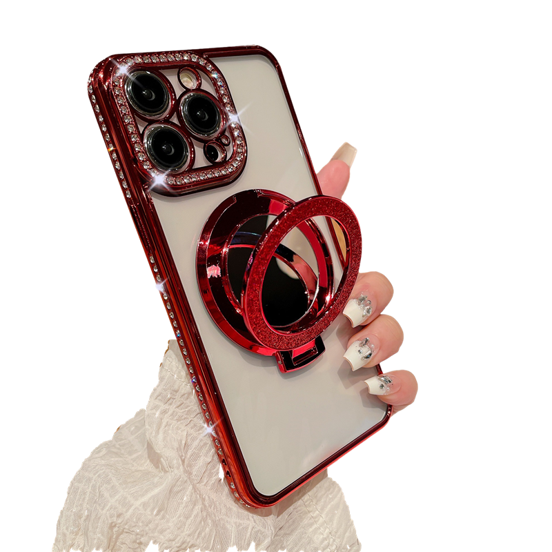 Glitter Bling Diamond Camera Frame Mirror with Stand Holder Magnetic Case for iPhone, Compatible with MagSafe Wireless Charging