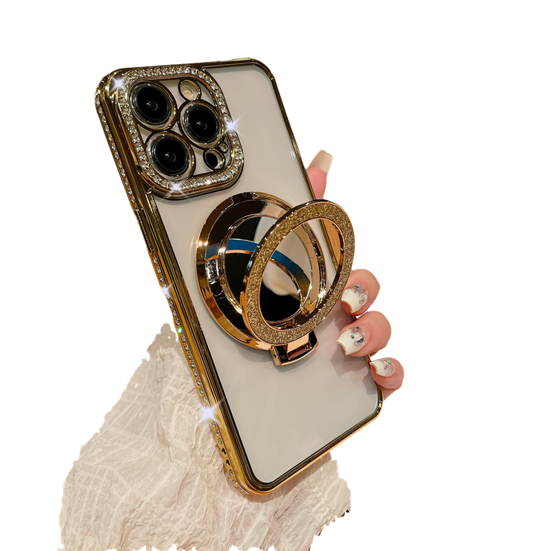 Glitter Bling Diamond Camera Frame Mirror with Stand Holder Magnetic Case for iPhone, Compatible with MagSafe Wireless Charging