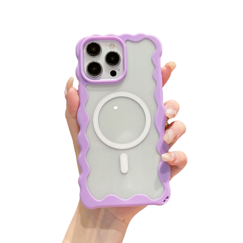 Candy Color Curly Wavy Frame Clear Magnetic Case for iPhone, Compatible with MagSafe Wireless Charging