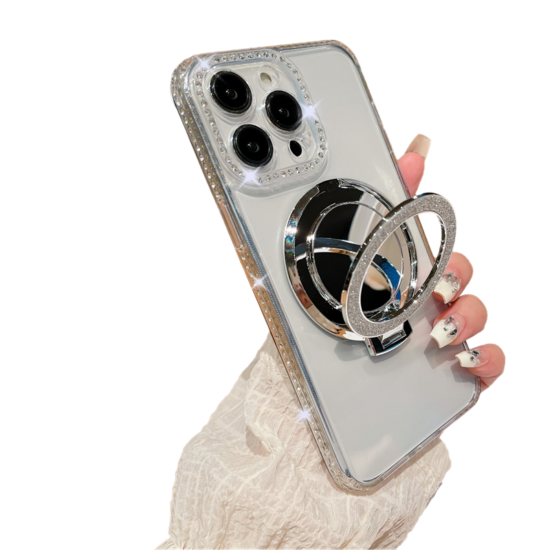 Glitter Bling Diamond Camera Frame Mirror with Stand Holder Magnetic Case for iPhone, Compatible with MagSafe Wireless Charging