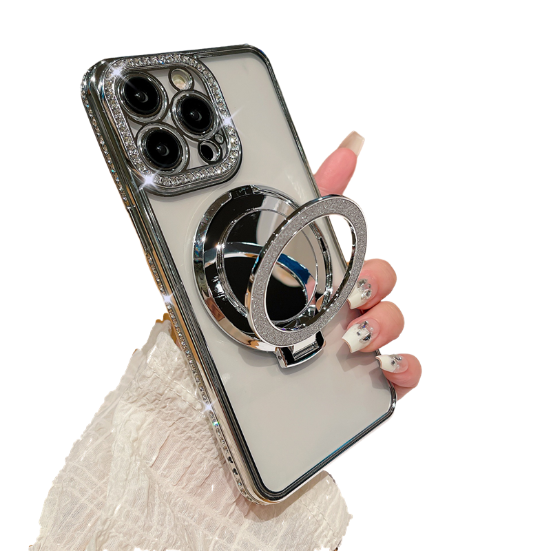 Glitter Bling Diamond Camera Frame Mirror with Stand Holder Magnetic Case for iPhone, Compatible with MagSafe Wireless Charging