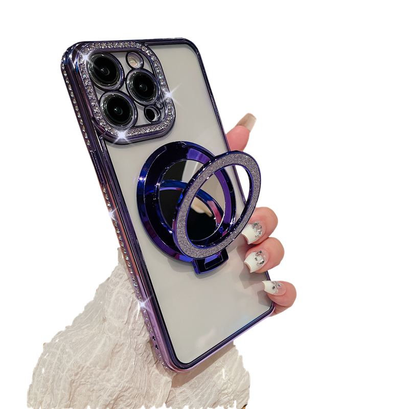 Glitter Bling Diamond Camera Frame Mirror with Stand Holder Magnetic Case for iPhone, Compatible with MagSafe Wireless Charging