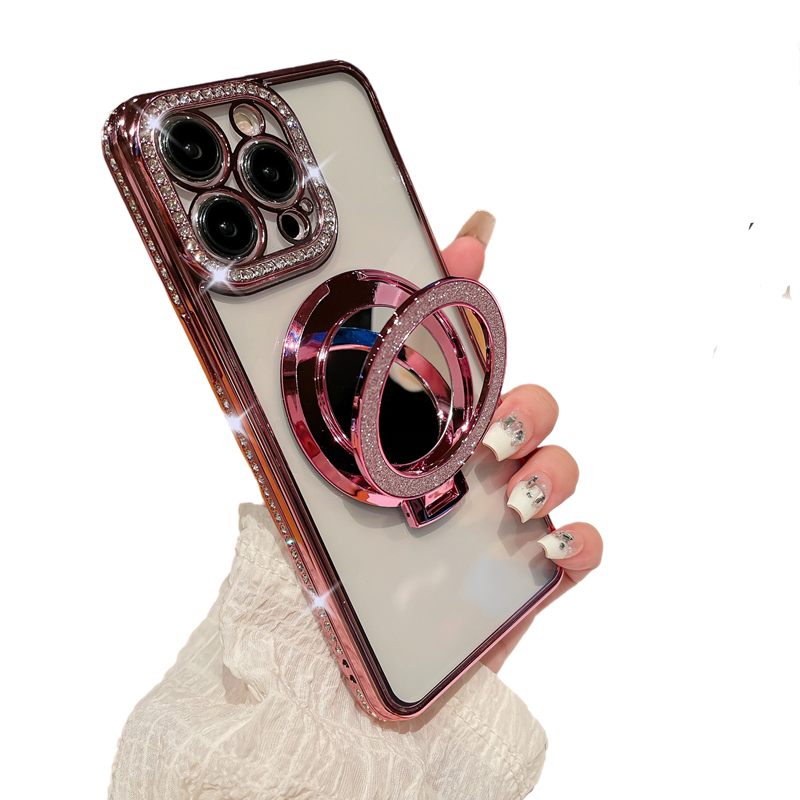 Glitter Bling Diamond Camera Frame Mirror with Stand Holder Magnetic Case for iPhone, Compatible with MagSafe Wireless Charging