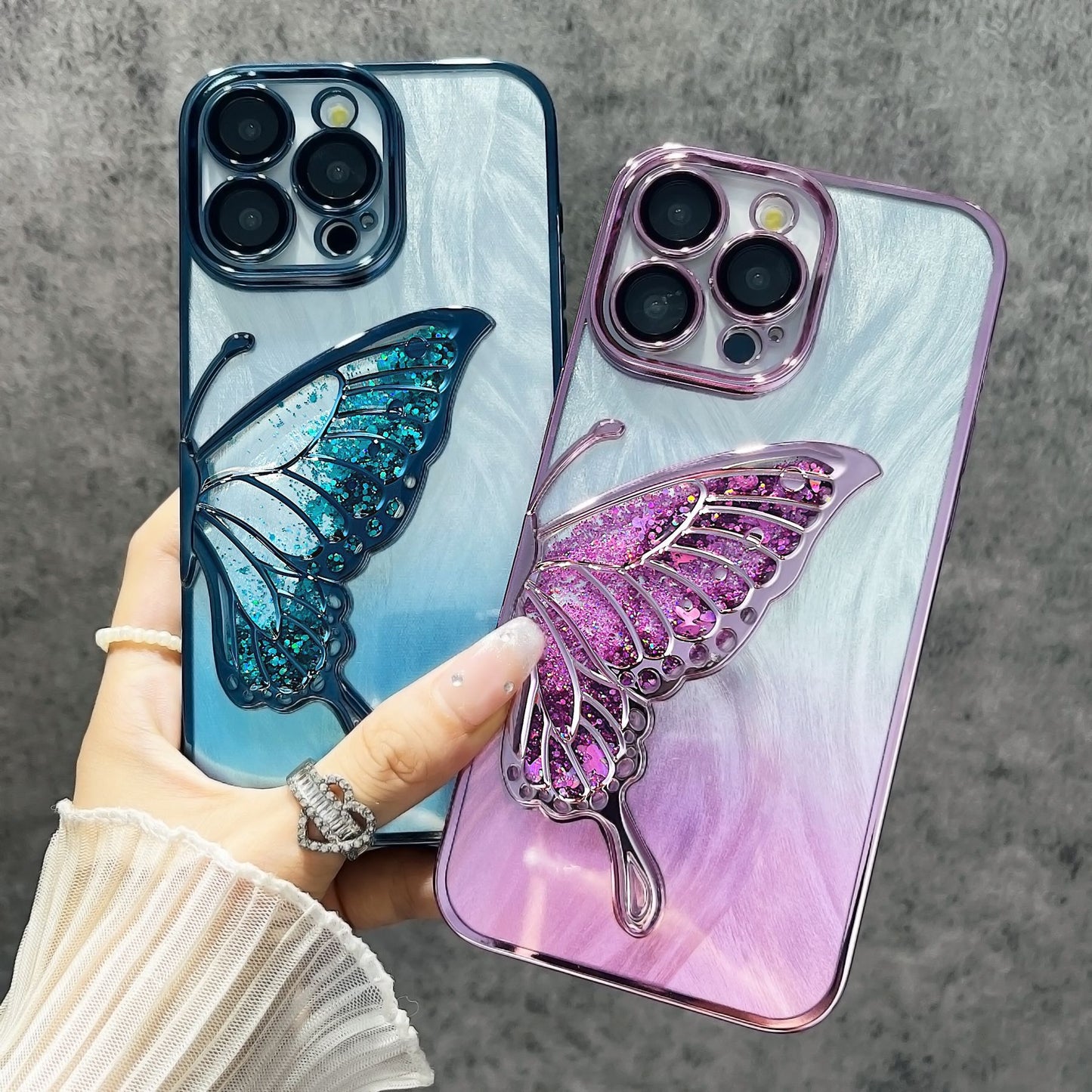 Plating Liquid Silicone Butterfly with Feather Background Paper Compatible with iPhone Case