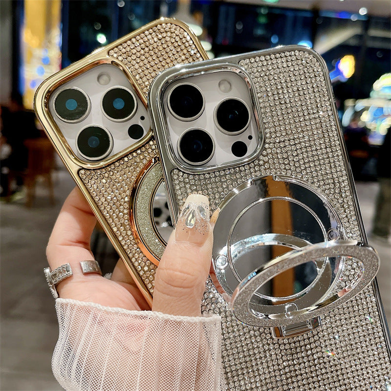 Glitter Bling Diamond Mirror with Stand Holder Magnetic Case for iPhone, Compatible with MagSafe Wireless Charging