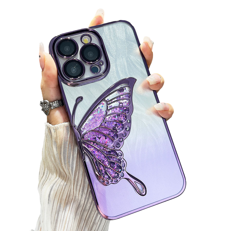 Plating Liquid Silicone Butterfly with Feather Background Paper Compatible with iPhone Case