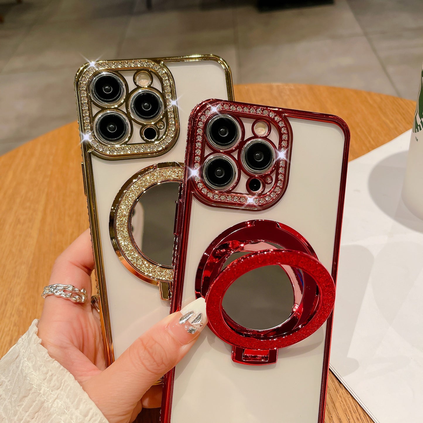 Glitter Bling Diamond Camera Frame Mirror with Stand Holder Magnetic Case for iPhone, Compatible with MagSafe Wireless Charging