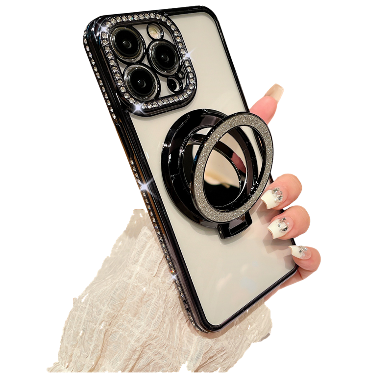Glitter Bling Diamond Camera Frame Mirror with Stand Holder Magnetic Case for iPhone, Compatible with MagSafe Wireless Charging