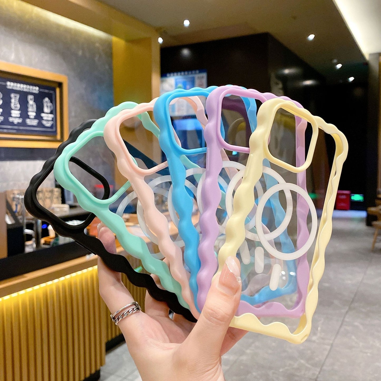 Candy Color Curly Wavy Frame Clear Magnetic Case for iPhone, Compatible with MagSafe Wireless Charging