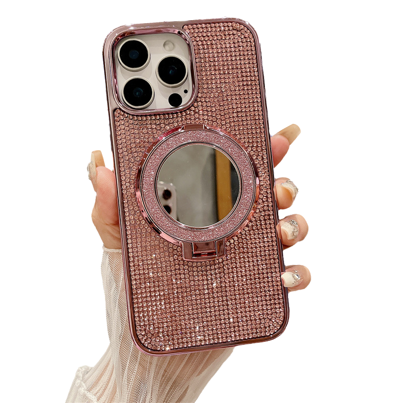 Glitter Bling Diamond Mirror with Stand Holder Magnetic Case for iPhone, Compatible with MagSafe Wireless Charging