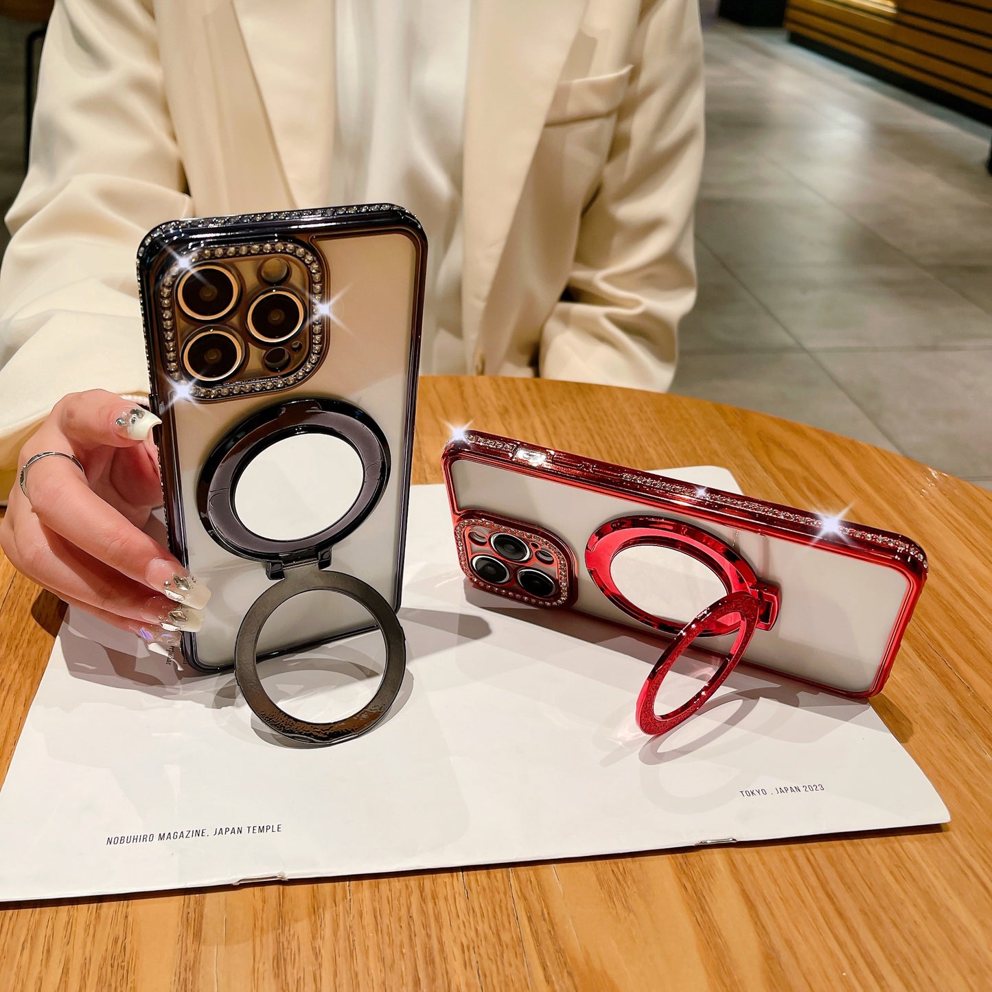 Glitter Bling Diamond Camera Frame Mirror with Stand Holder Magnetic Case for iPhone, Compatible with MagSafe Wireless Charging