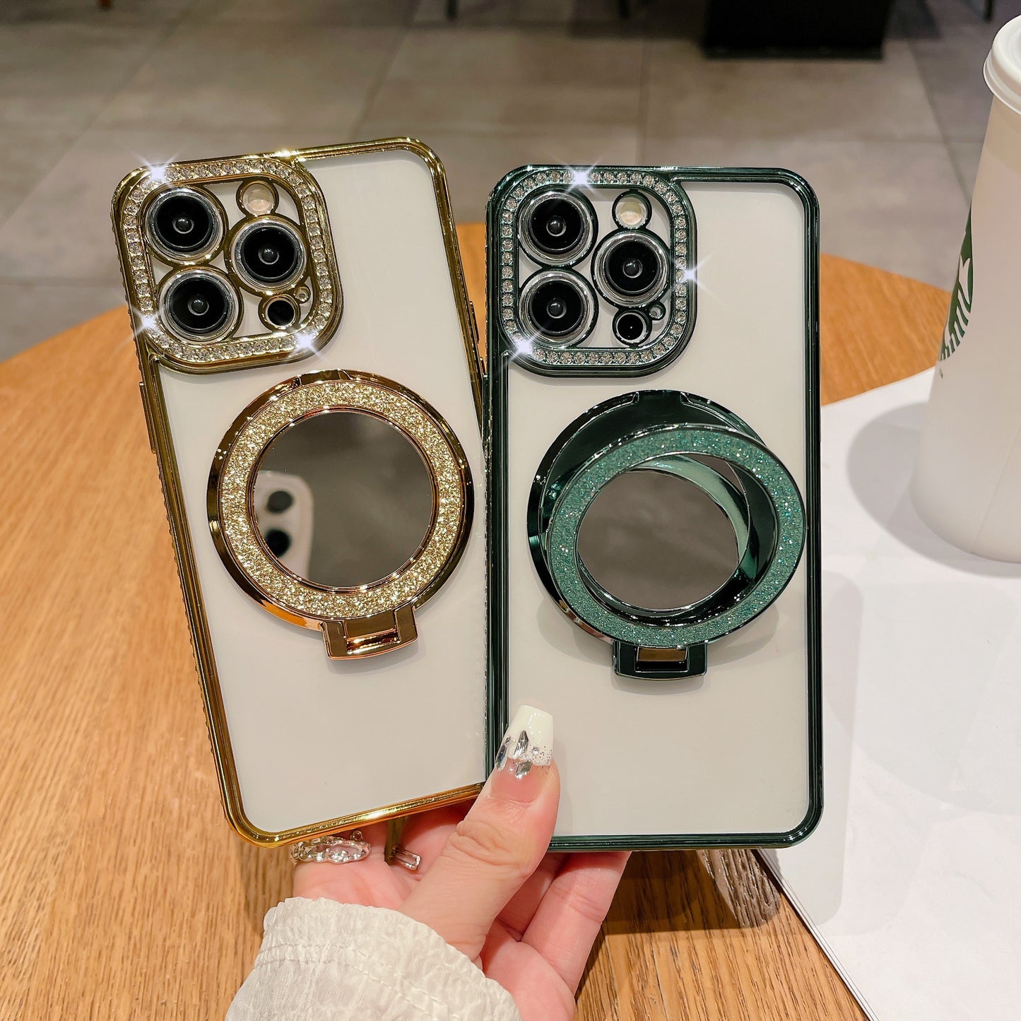Glitter Bling Diamond Camera Frame Mirror with Stand Holder Magnetic Case for iPhone, Compatible with MagSafe Wireless Charging