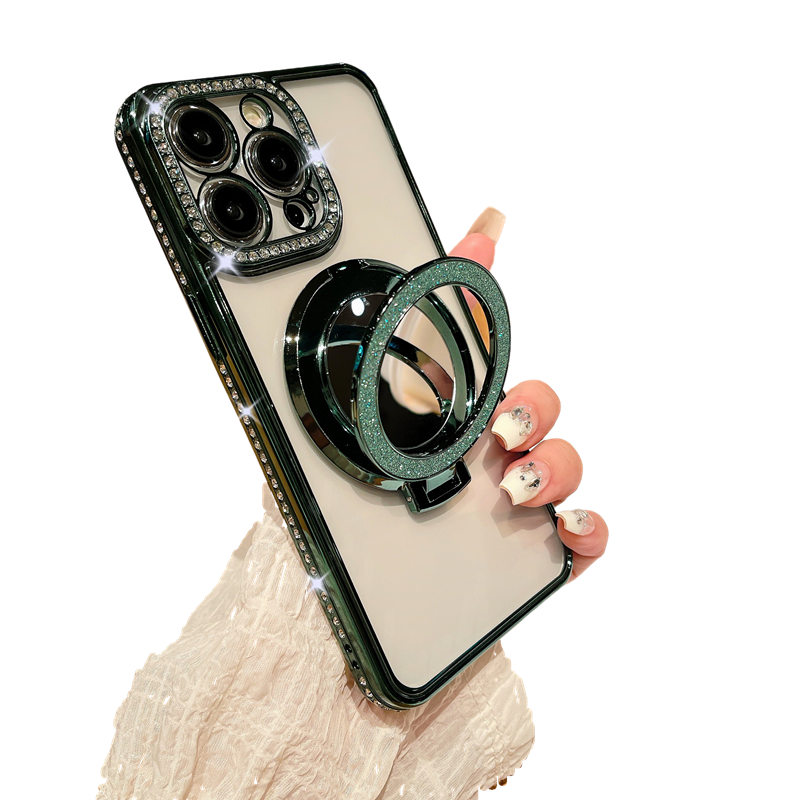 Glitter Bling Diamond Camera Frame Mirror with Stand Holder Magnetic Case for iPhone, Compatible with MagSafe Wireless Charging