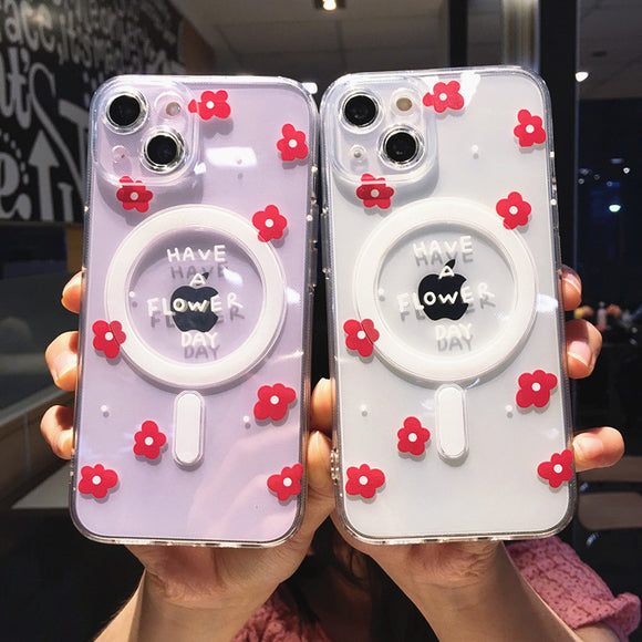 Cute Cartoon Red Flowers for Magsafe Magnetic Wireless Charging Compatible with iPhone Case