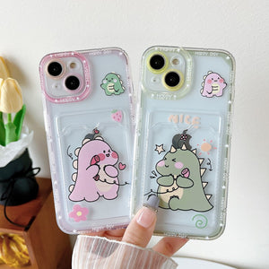 Cute Cartoon Dinosaur Couple Matching Card Holder Compatible with iPhone Case