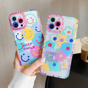 Cute Colorful Flowers Floral Smile Clear Compatible with iPhone Case