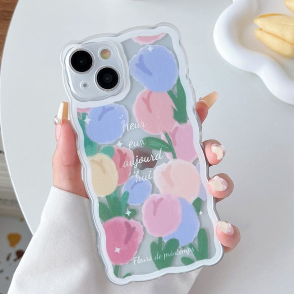 Colored Flowers Floral Wave Frame Silicone Transparent Compatible with iPhone Case