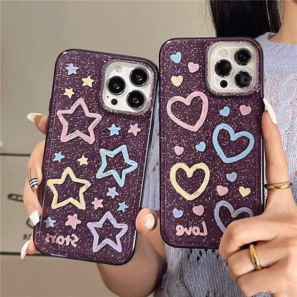 Cute Glitter Star Love Heart Purple Shockproof Silicone Compatible with iPhone Case